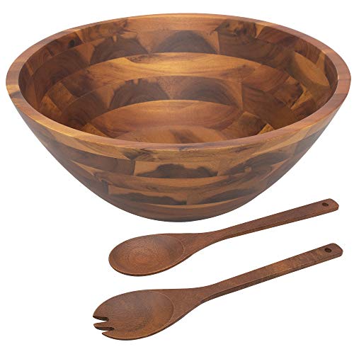 Acacia Wooden Salad Bowl Set - 12.5 Inches Hardwood with Servers Set Big
