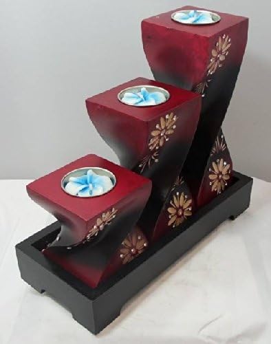 Candle Holder Wood Carved Fine Arts Thai Spiral 3 Step on Plate. Handmade Product From Thailand.