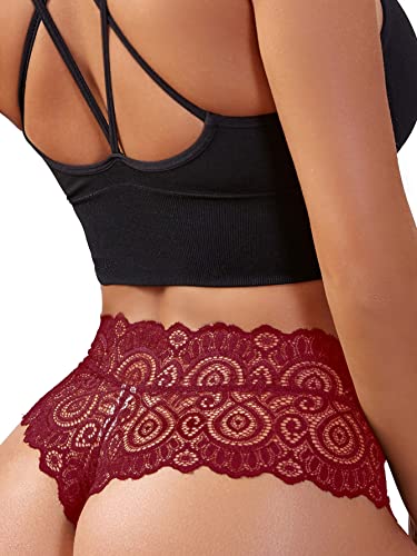 Soly Hux Women's Sexy Lace Sheer Panty Scalloped Trim Underwear Briefs Panties Solid Burgundy S #TOP2