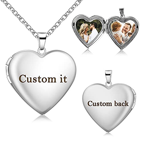 Aro Torliy Personalized Photo Locket Necklace for Women, Custom Engraved Text Heart Necklace Locket with Picture, Memorial Customized Girls Locket Jewelry (Silver - Glossy)