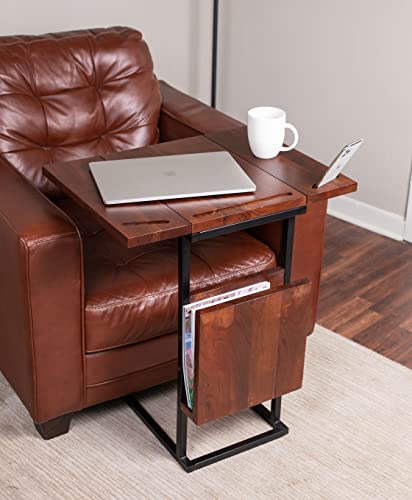 BIRDROCK HOME Acacia Wood Expandable C Shaped Side Table with Phone & Tablet Stand - Laptop TV Tray - Couch Desk - Bed Sofa Snack End Table - Living Room Chair