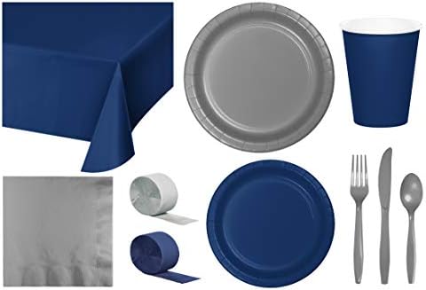 Baxters Party Bundle Bulk, Tableware for 24 People Navy Blue and Silver, 2 Size Plates Napkins, Paper Cups Tablecovers and Cutlery, Box of 199 image 2