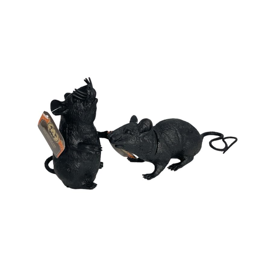 D.R.E.LLC - 2 Black Plastic Squeezable Squeaking Rats Spooky Scary Creepy Halloween Decor