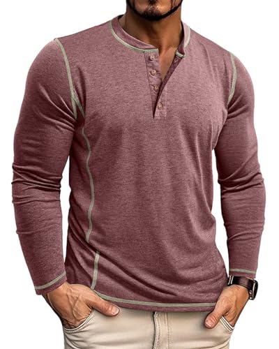 LAOARA Herren Langarmshirt Longsleeve Henley Shirt Herren Langarm T Shirt Longshirt mit Knopfleiste Slim Fit Tops Rot M