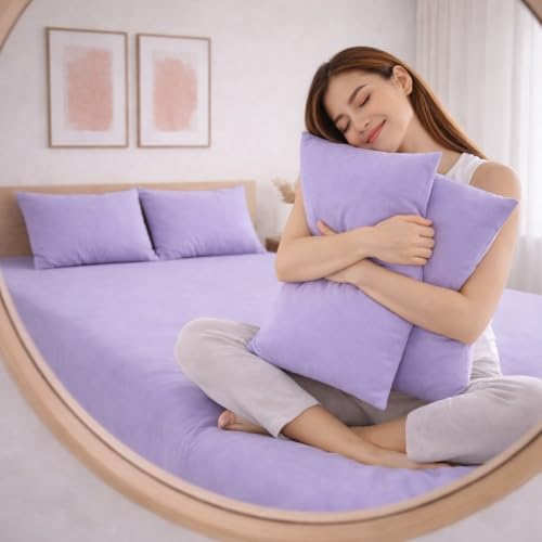 Image of THE HOME STYLE Solid Plain Cotton Feel Fitted Bedsheet (72x78 inches) with Reversible Comforter (90x100 inches) | King Size | 2 Pillow Covers | 300 TC | 4-Piece Bedding Set (Lavender)