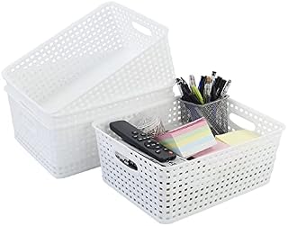 Cadineer 4 Packs Plastic Storage Baskets, White Cupboard Basket