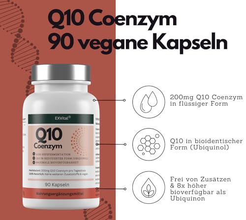 EXVital® Q10 Coenzym Ubiquinol– 200mg pro Kapsel – 90 vegane Kapseln – reicht für 3 Monate – hochdosiert & ohne Zusätze, in Deutschland produziert & laborgeprüft