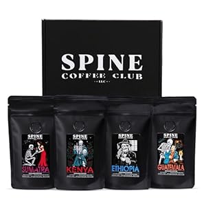 Spine Coffee Club LLC 4-Pack Gourmet Coffee Sampler Gift Box Set with Ethiopia, Sumatra, Guatemala, Kenya Single Origin Selection – Ground Coffee
