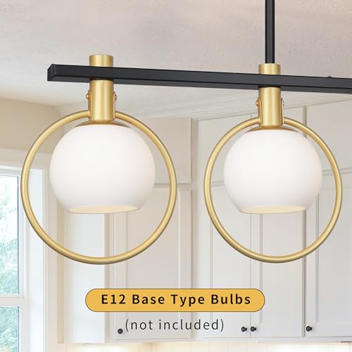 Kveosv Gold Black Chandelier Modern Dining Room Light Fixture 4-Light Kitchen Island Lighting Hanging for Farmhouse Linear Chandeliers Mid Century Chandelier with Milk Glass Globe Shade by Kveosv - Image 3