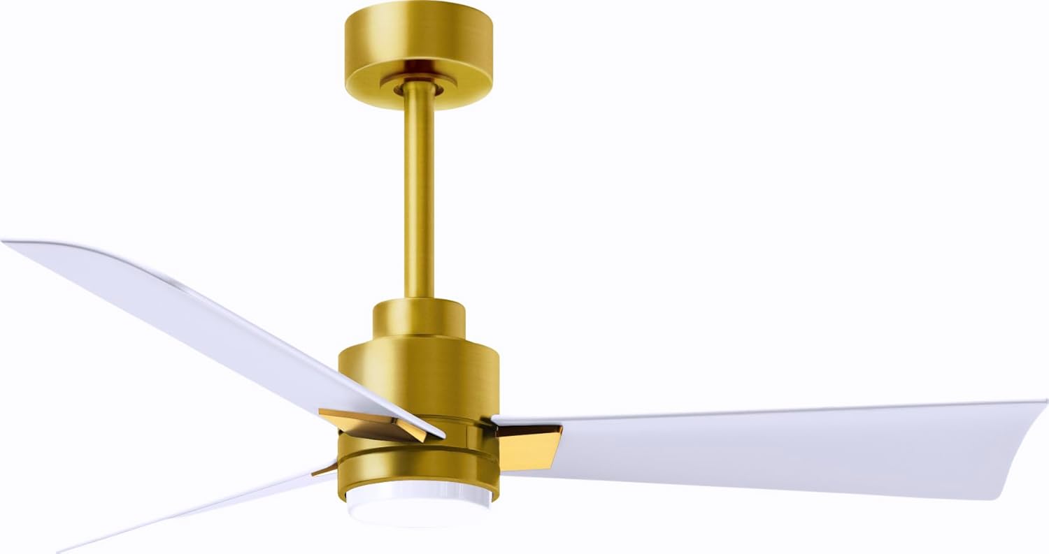Matthews AKLK-BRBR-MWH-42 Alessandra Indoor/Outdoor Wet Rated 42" Downrod Mount Ceiling Fan with LED Light and Remote, 3 Matte White ABS Blades, Brushed Brass