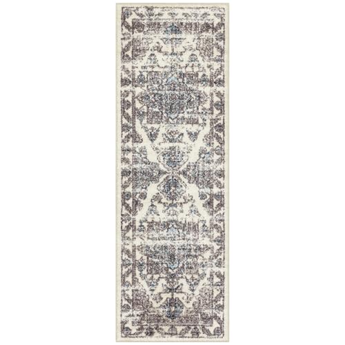 Maples Rugs Distressed Tapestry Vintage Non Slip Runner Rug for Hallway Entry Way Floor Carpet [Made in USA], 2 x 6, Neutral