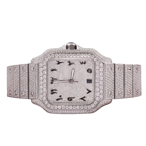 KINOVA JEWELS Luxury Diamond-Encrusted Watch, Silver, Square Face, Iced Out Bracelet, Date Display, Blue Cabochon Crown
