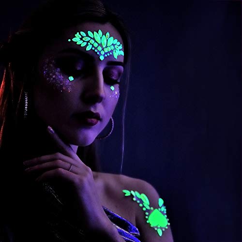 Meredmore 8Sets Glow In The Dark Face Gems Jewels Rave Noctilucent Blacklight Uv Body Stickers Luminous Tattoos Mermaid Accessories Pasties Makeup For Women Halloween Festival #TOP5