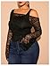 WDIRARA Women's Plus Size 2 in 1 Off Shoulder T Shirt Ruched Sheer Bell Long Sleeve Tee Lace Black 3X-Large Plus