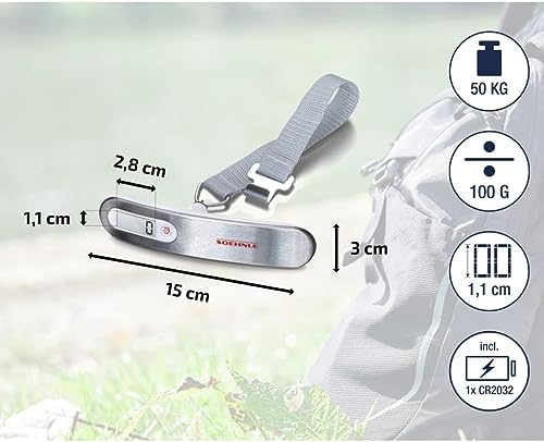 Soehnle Gepäckwaage Travel zum Wiegen für unterwegs, Kofferwaage mit hoher Tragkraft, mobile Waage mit stabilem Tragegurt und Metall-Haken