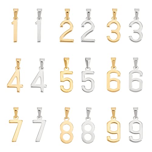 UNICRAFTALE 18Pcs 2 Colors Number Charms 304 Stainless Steel Figures Pendants Number 1~9 Charms Metal Meaning Number Pendant Necklace Charms for DIY Necklace Bracelet Making 6~7x3mm Hole