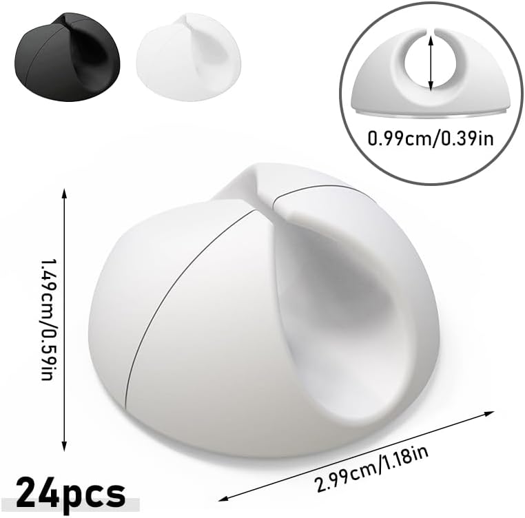 24-Pack Round Cable Organizer Clips – Adhesive Cord Holders and Wire Management for Desk, Kitchen, and Car – Compact Cable Management Solution for Charging Wires and Electronics