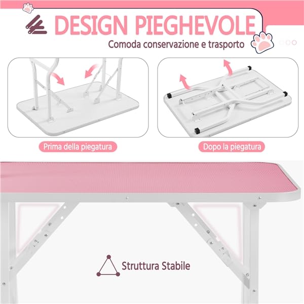 Yaheetech Tavolo da Toelettatura e Tosatura per Cani Gatti Animali Pieghevole con 2 Lacci Portata 100 kg Rosa 91 x 61 x 159 cm