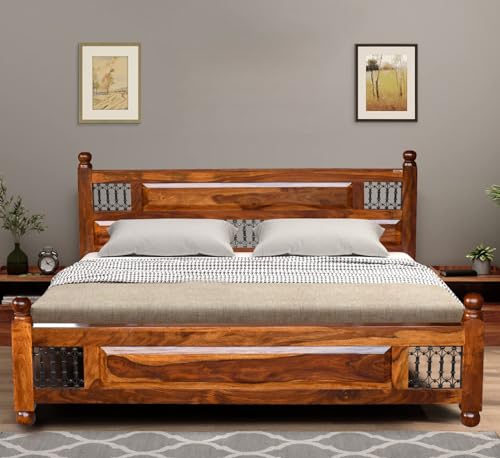 Image of Solid Sheesham Wood King Size Bed Without Storage | Wooden Double Bed Frame for Guest Room Modern Handcrafted & with Headboard | Walnut Finish