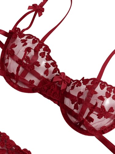 Image of Lilosy Sexy Tie Side Cute Underwire Push Up Strappy Embroidered Mesh Sheer Lingerie Set