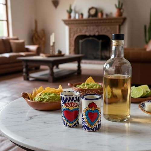 Image of Talavera Shot Glasses Set of 4 Authentic Mexican Tequila Shot Glasses - Hand-painted - 2 Oz (Azure Heart)