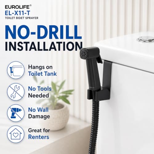Eurolife Handheld Bidet Sprayer for Toilet, Lockable Push Button, High Pressure Bathroom Sprayer, Cloth Diaper & Personal Hygiene Sprayer, Tank Mount No-Drill Install, Stainless Hose Set, Black Color by EUROLIFE - Used condition - Image 4