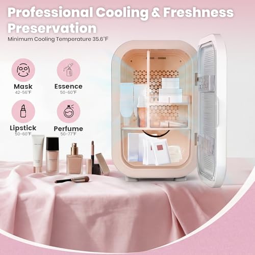 Image of 22L Skincare Mini Fridge, Beauty Fridge with Comestic Storage, 44F Intelligent Cooling, Personal Makeup Fridge with Glass Door, Small Refrigerator for Bedroom, Skin Care, Dorm, Vanity