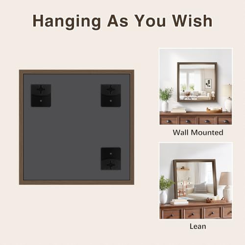 Image of Bathroom Mirror, 24 x 24 inch Walnut Wood Grain Colored Aluminum Metal Frame Bathroom Vanity Mirror, Square Wall Mirror for Bedroom Living Room, Tempered Glass, Anti-Rust