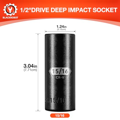 Image of BLACKROBOT 1 /2 Inch Drive 6-Point Deep Socket, 15 /16 inch Deep Impact Socket, CR-V Steel