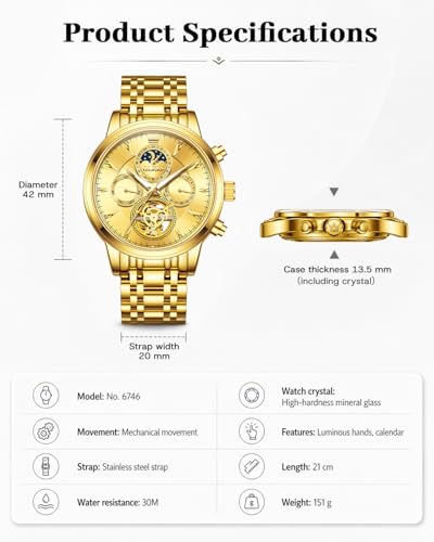 Image of OLEVS Men Automatic Skeleton Watch - Luxury Stainless Steel Calendar Moon Phase Mechanical Dress Wrist Watch with Luminous, Waterproof Self-Wind (Gold /Silver /Blue /Black)