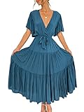 Lovinchic Women's Wrap V Neck Maxi Dress Casual Pleated Long Dress Cocktail Gown with Belt Dark Blue...
