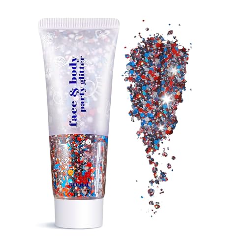 Face Body Glitter - Hair Glitter Sparkles Chunky, Temporary Tattoos Adult, Holographic Face Paint for Singer Concerts Disco Festival Rave, 50ml (USA Pride Body Glitter)