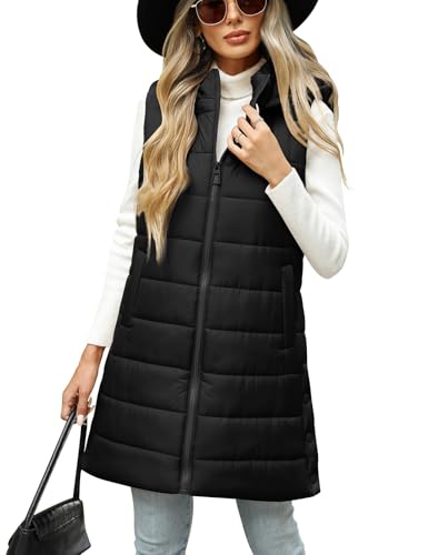 CMTOP Lange Steppweste Damen Leichte Weste mit Kapuze Warme Lässiges Übergangsweste Ärmellos Winterjacke mit Reissverschluss Taschen Lose Outdoorjacke für Wandern Camping(Schwarz, M)