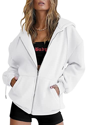 Vnk Women's Full Zip Up Hooded Long Sleeve Fashion Hoodie Sweatshirt With Pockets Casual Light Teen Girl Zipper Hooded Jacket Solid Color Comfy Warm Fall Clothes White Medium #TOP1