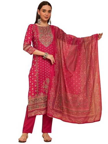 Image of SheWill Kurta Sets for Women - Red Rayon Aari Hand Work with Digital Floral Print Kurta with Pant and Chanderi Dupatta |Stylish Printed Summer Kurti Set