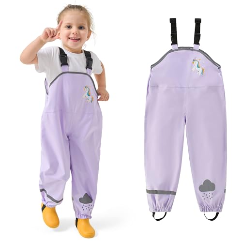 JinBei Pantaloni Impermeabili Bambino Leggeri Salopette Antipioggia Pantaloni Ragazze Antivento Traspirante Non Imbottiti Impermeabile Abbigliamento con Striscia Riflettente Viola, 2-3 Anni