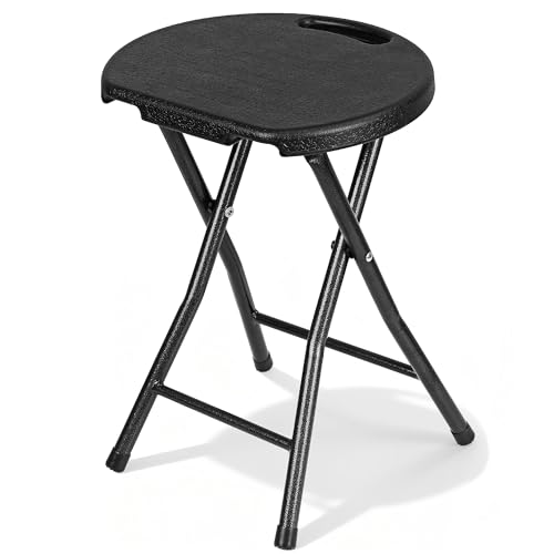 VECELO Folding Stool 18" with Handle, Solid Bottom Support, Iron X-Frame, 500 lbs Capacity, Anti-Slip Feet, Easy Clean, Lightweight Foldable Stool for Camping, Kitchen, Vanity and Outdoor, Black