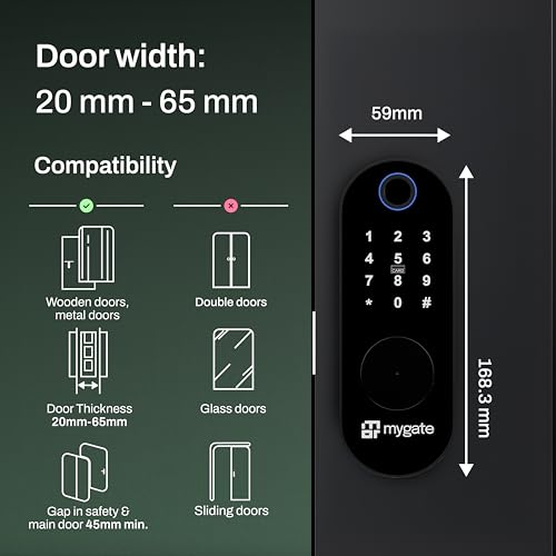 Image of Mygate Smart Lock Edge with Wifi Gateway | Digital Rim Lock for Wooden & Metal Doors | 20-65mm Thickness| 6-in-1 Unlock - Fingerprint, PIN, RFID, App, OTP & Key | Remote Unlock | 2-Year Brand Warranty