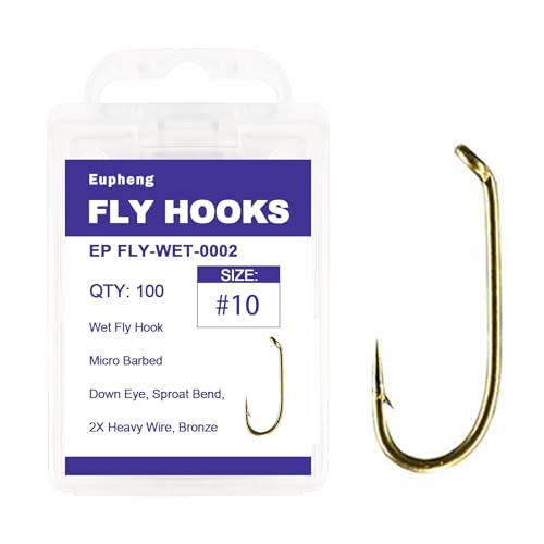 Eupheng Fly Fishing Hooks 100pc Pack Micro Barbed High Carbon Steel Bronze Forged for Dry Flies, Curved Nymphs, Shrimp,Caddis Pupa (#10, EP FLY-WET-0002)