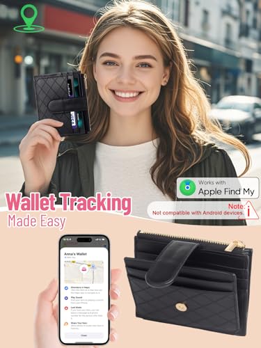 Women's Wallet Built-in Anti-Loss Tracker, RFID Blocking Small Compact Card Holder Wallet for Women Soft PU Leather Bifold Pocket Wallet Ladies Mini Purse with Zipper Pocket, ID Window (Black)2