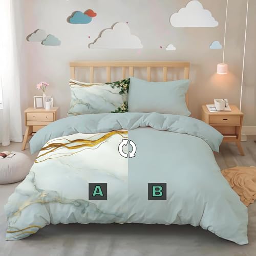 Parure housse couette en microfibre 220x240 marbre turquoise lit 2 personnes zip