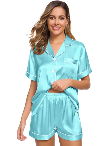 Image of SWOMOG Womens Silk Satin Pajamas Set Short Sleeve Sleepwear Button Down Top and Shorts Loungewear 2 Piece Pjs Set XS-3XL