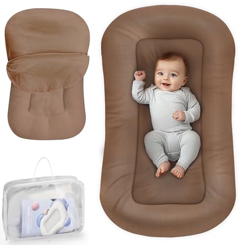 Image of Baby Lounger - Baby Lounger for Newborn, 0-24 Months, Infant Lounger for Home and Travel, Soft Cotton, Baby Nest Lounger, Newborn Babies Essentials Gifts, Brown (Lounger Cover Included)