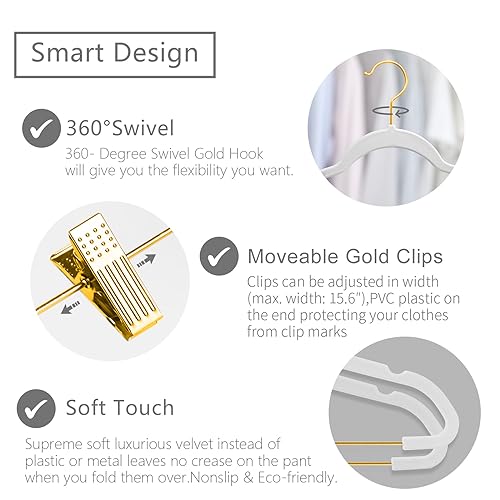 MIZGI Premium Velvet Pants Hangers with Adjustable Clips (Pack of 20) Slim Skirt Hangers- Non Slip Felt Outfit Dress Hangers White - Gold Hooks,Space Saving Shirt Clothes Hangers by MIZGI - Used condition - Image 2