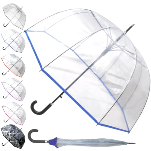 COLLAR AND CUFFS LONDON SELTENE Automatik Regenschirm Transparent Sturmfest - Stockschirm Durchsichtig Windfest - SEHR STARK - Verstärkt mit Fiberglas - Damen Herren - Einfassband - Blau