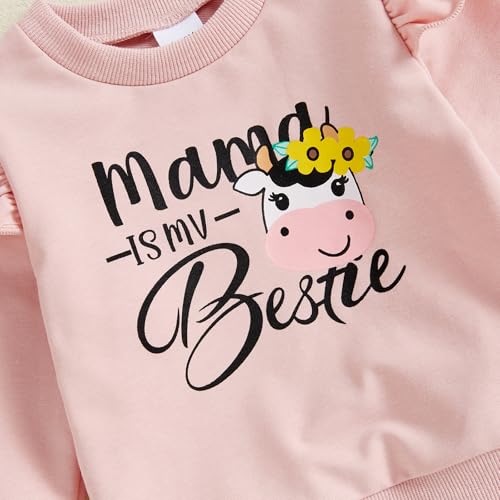 Toddler Baby Girl Farm Clothes Ruffle Long Sleeve Sweatshirt Cow Print Flare Pants Mama's Little Bestie Outfit Spring4