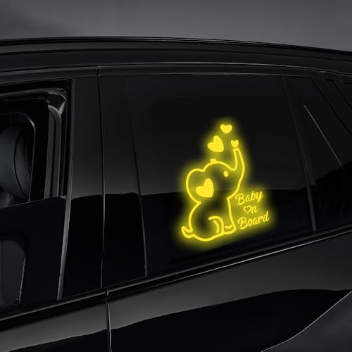 Image of High Intensity Reflective Baby on Board Car Decal Cartoon Cute Elephant Kids on Board Car Sticker Waterproof Safety Warning Decal Baby in Car Sticker (Yellow)