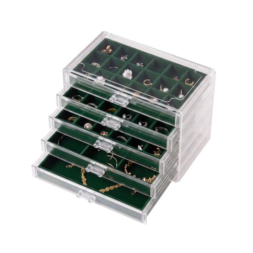 Frebeauty - Organizer per gioielli, in acrilico, scatola con 5 cassetti, trasparente, con vassoi in velluto, per donne, espositore impilabile per orecchini e anelli (verde nerastro)
