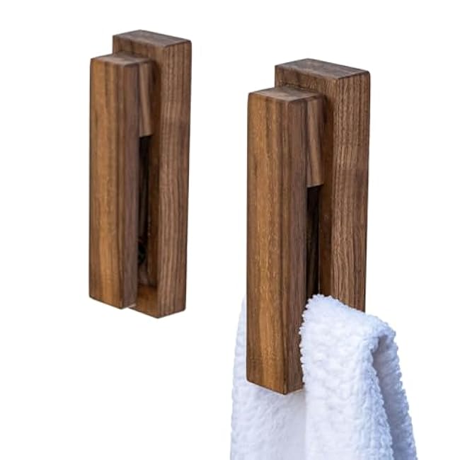 Wood Towel Hooks -Set of 2 Self Adhesive Vintage Towel Holder Wooden Wall Mounted Towel Racks for Bathroom and Kitchen Home Decor- Quick Drying, Firmly Holds Towel(Walnut)