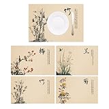 Bamboo Placemats Set of 4, Asian Style Table Mats Ancient Chinese Paintings Zen Floral Place Mats for Indoor Outdoor Kitchen Dining Table (Plum Blossom+Orchid+Bamboo+Chrysanthemum, Set of 4)